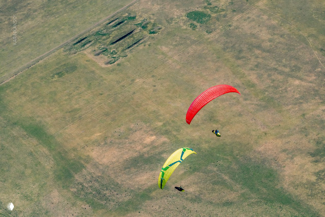 Вид сверху на два параплана над травянистой местностью Хакасии; видны посадочные поляны и летний пейзаж маршрута с зелёными пятнами.