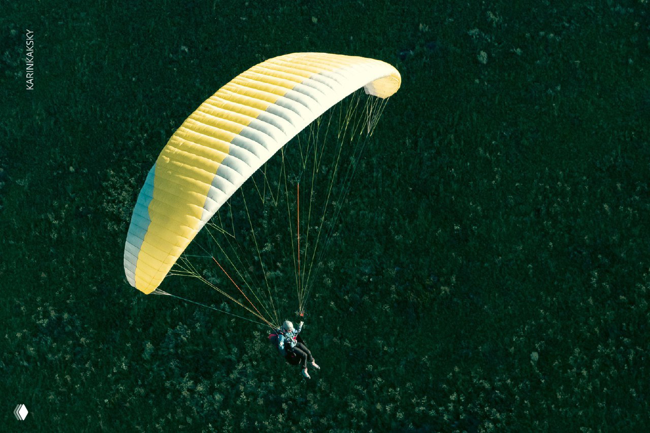 Жёлтый параплан и пилот на фоне тёмного лесного массива, съёмка сверху подчёркивает форму крыла и натяжение строп.