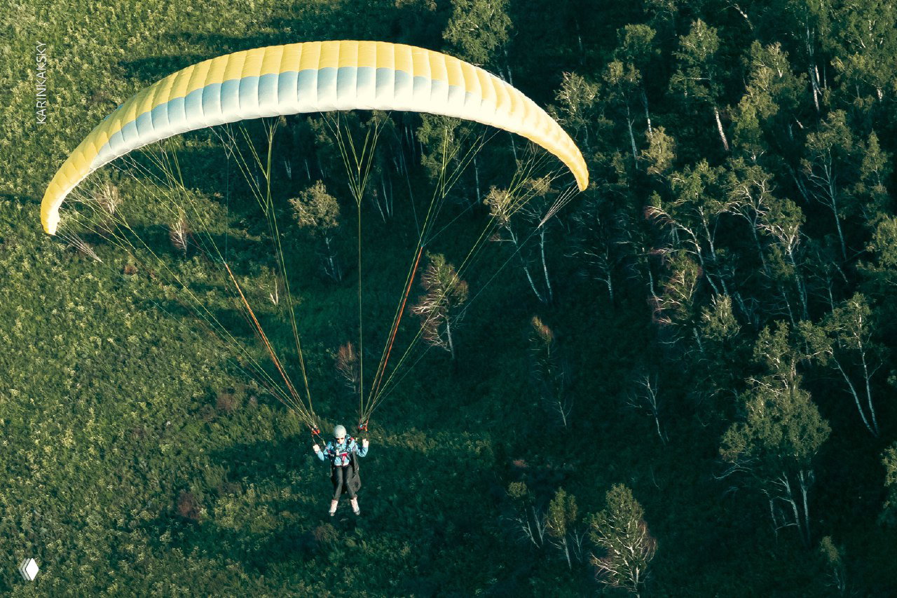 Съёмка сверху: пилот под раскрытым крылом над берёзовым лесом, подчёркнуты стропы, симметрия крыла и зелёный ландшафт внизу.