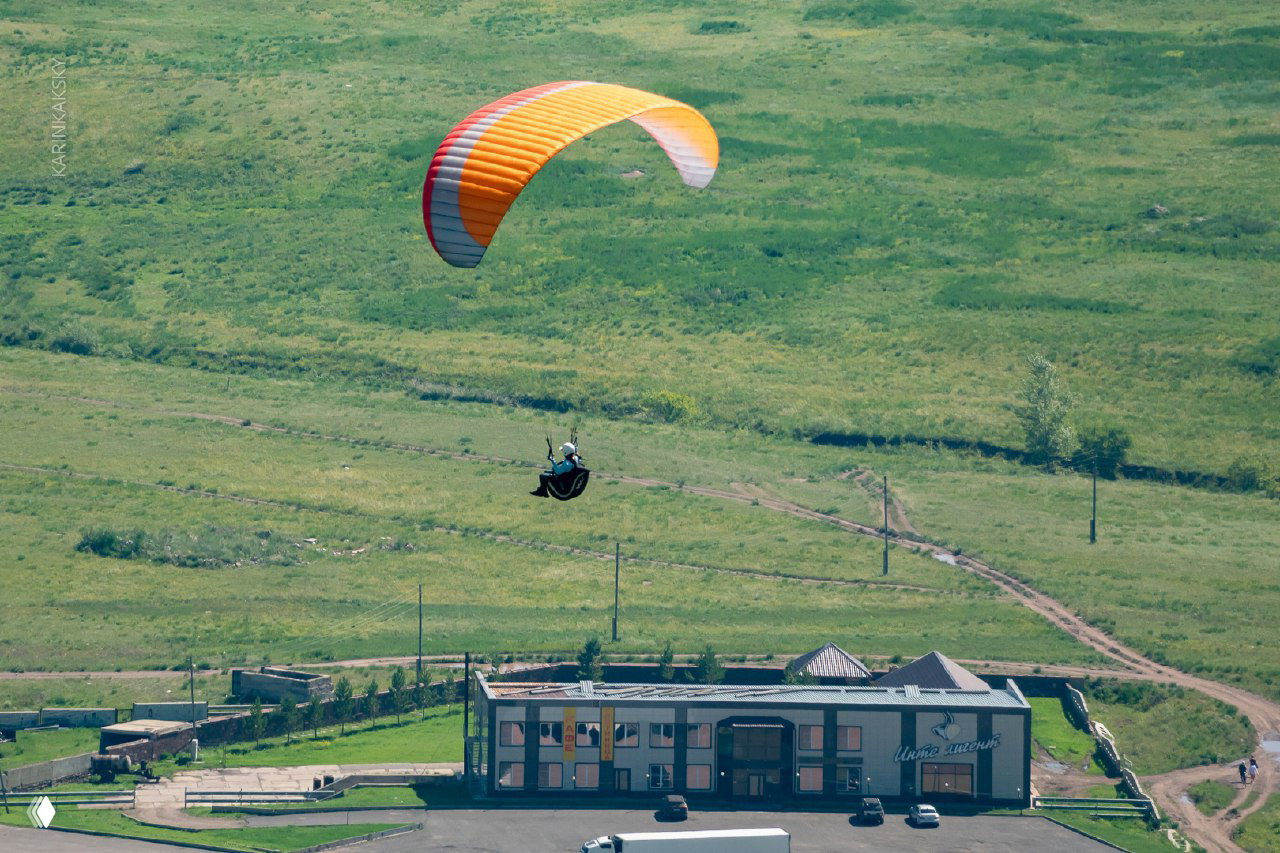 Оранжево-белый купол параплана в кадре на фоне голубого озера и зелёных пастбищ; пилот виден в подвеске снизу, масштаб ландшафта впечатляет.