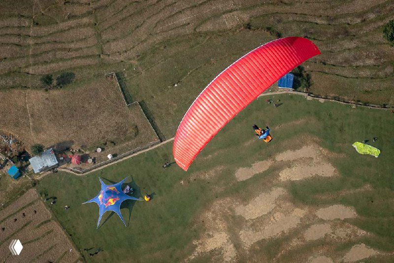 Съёмка сверху: красный параплан над полями и палаткой, видно расположение площадки для старта или посадки и узоры сельского ландшафта.