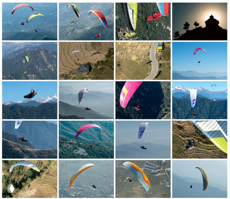 Коллаж видов и фрагментов полётов: старты, посадки и панорамы склонов с яркими куполами парапланов и пилотами.