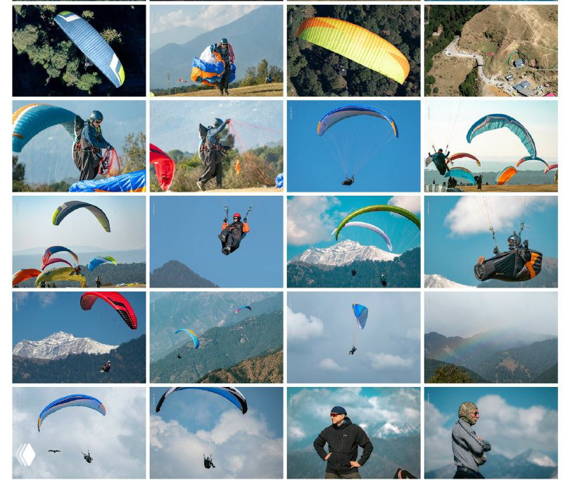 Снимок ряда полётов и пилотов: разноцветные купола над террасированными склонами и холмами в горном ландшафте.