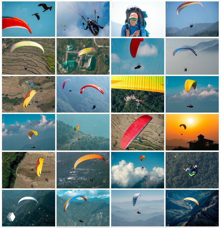 Мозаика крупных кадров: парапланы в небе, пилоты на старте, кадры с близкого ракурса и панорамные виды Гималаев.