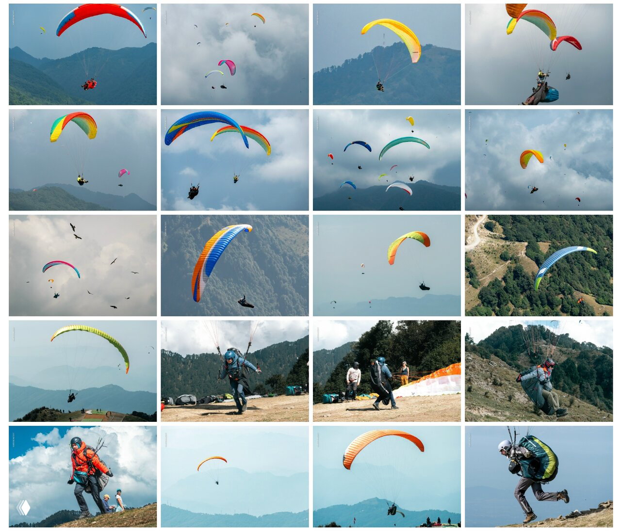 Сет из снимков полётов над зелёными хребтами и облаками: пилоты в подвесных системах, купола разных цветов и формы.