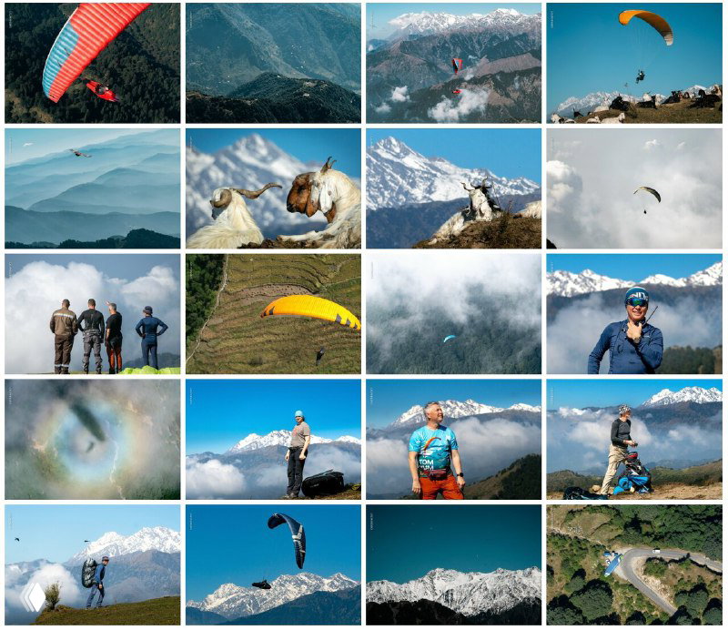 Панорамный сет фотографий: тренировки на старте, полёты над долинами и портреты пилотов на фоне заснеженных пиков.