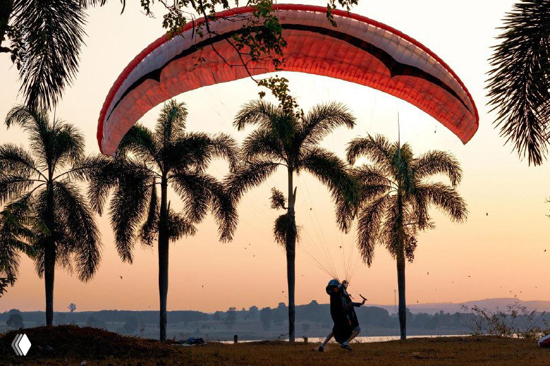 Параплан в небе среди пальм на тёплом закате; силуэт пилота и купола создают атмосферу зимних полётов в тёплых странах.