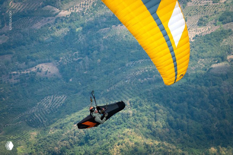 Крупный план жёлтого купола параплана с подвешенным пилотом на фоне сельского ландшафта и террасистых полей.