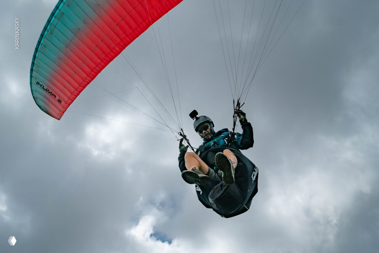 Пилот в подвеске с экшн‑камерой на шлеме под цветным куполом параплана; облачное небо и динамика полёта в тёплой стране видны чётко.