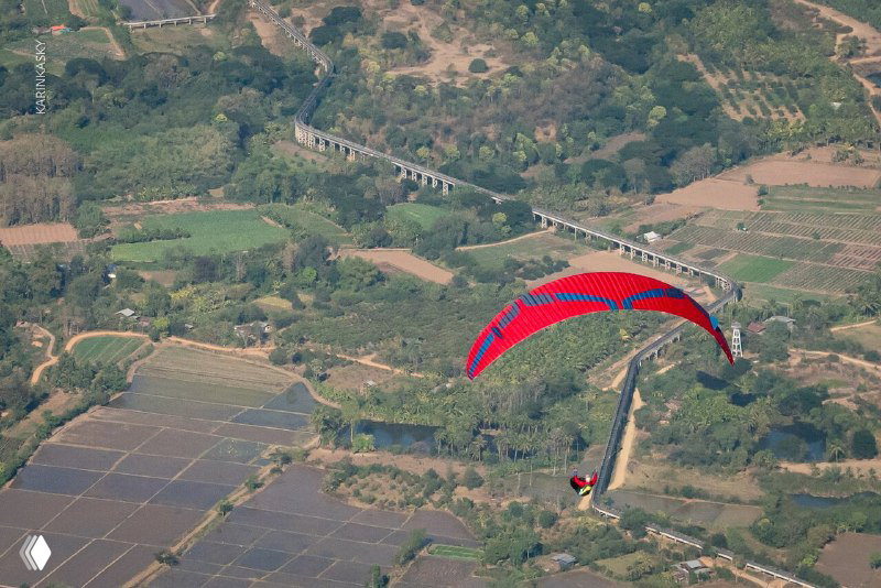 Два параплана в небе над сельской местностью и дорогой — кадр, подчёркивающий масштаб и форму маршрутов во время групповых выездов.