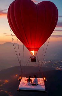 Романтическая сцена: воздушный шар в форме сердца на закате, под ним подвешена кровать с парой, внизу видны огни города и силуэты гор.