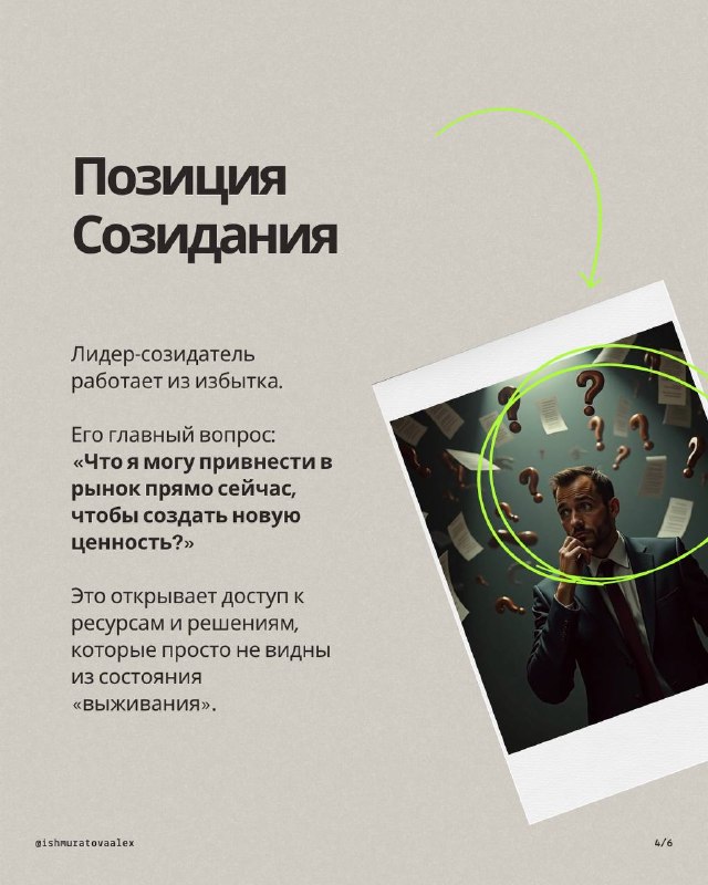 Слайд «Позиция Созидания» с изображением человека, окружённого вопросительными знаками; метафора творчества и поиска новых решений для рынка.