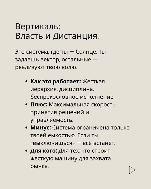 Слайд о вертикали власти: заголовок «Вертикаль: Власть и Дистанция» с пунктами про иерархию, дисциплину, скорость и цену — одиночество лидера.