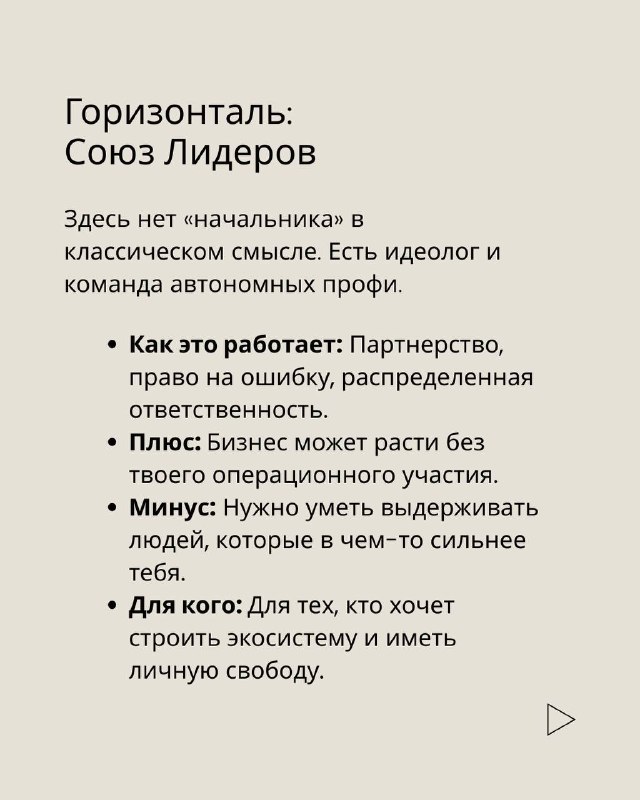 Слайд о горизонтали ответственности: заголовок «Горизонталь: Союз Лидеров», текст про партнерство, автономию, доверие и цену — отказ от эго.