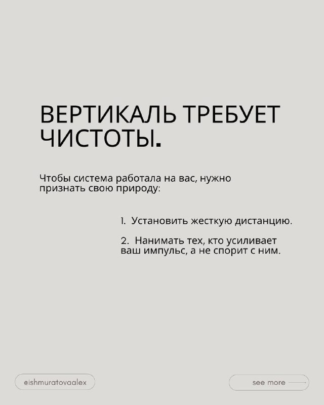 Слайд с заголовком «Вертикаль требует чистоты» и коротким трёхпунктовым планом: дистанция, подбор исполнителей, усиление импульса.