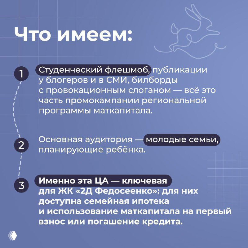 Слайд «Что имеем»: перечисление ключевых пунктов кампании — флешмоб, основная аудитория молодые семьи и целевая аудитория ЖК «2Д Федосеенко».