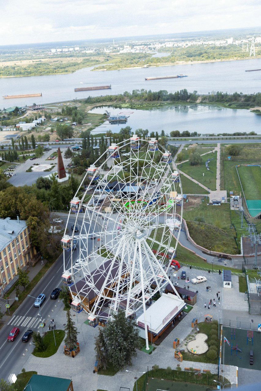 Аэрофото с высоты башни: колесо обозрения, прогулочная зона и река — панорама с перспективой на ближайшую зону отдыха у жилого комплекса.