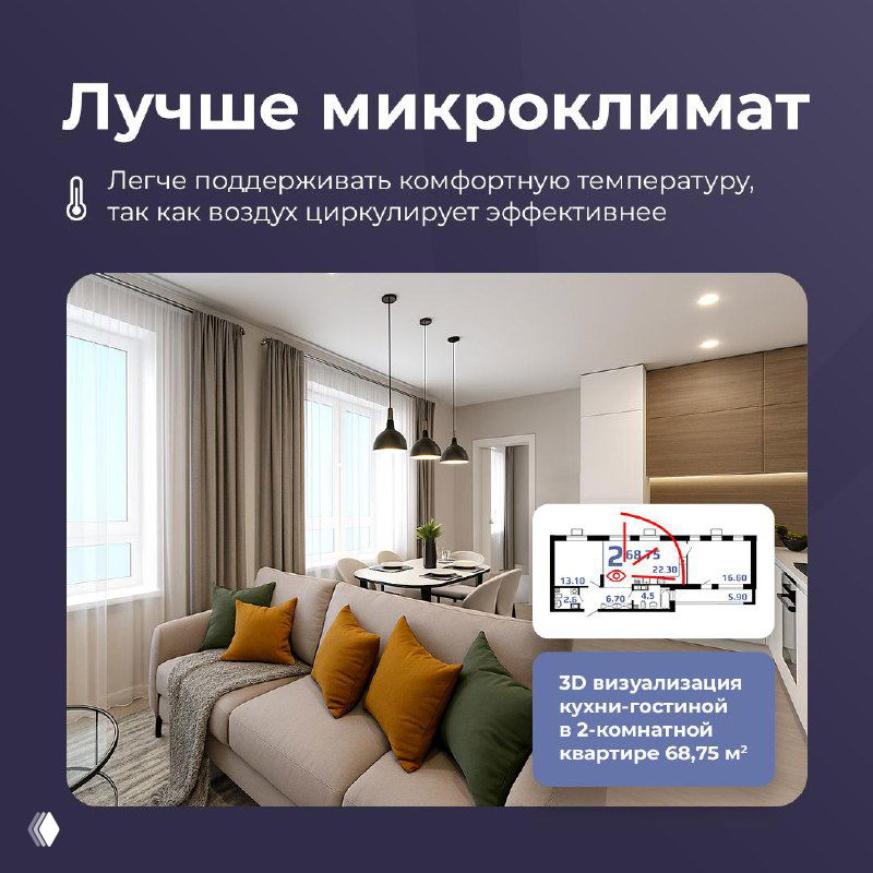 Интерьер с мебелью и обстановкой, демонстрирующий комфортный микроклимат и ощущение простора благодаря потолкам 3,3 м.