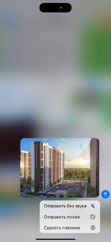 Скриншот меню отправки публикации в канале: выбор фото, контекстное меню с опцией «Сделать платным» и кнопкой отправки в чате.