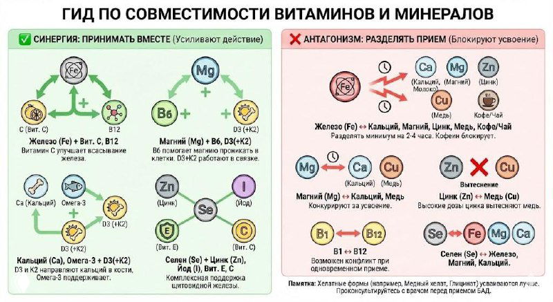 Схема совместимости витаминов и когда их пить