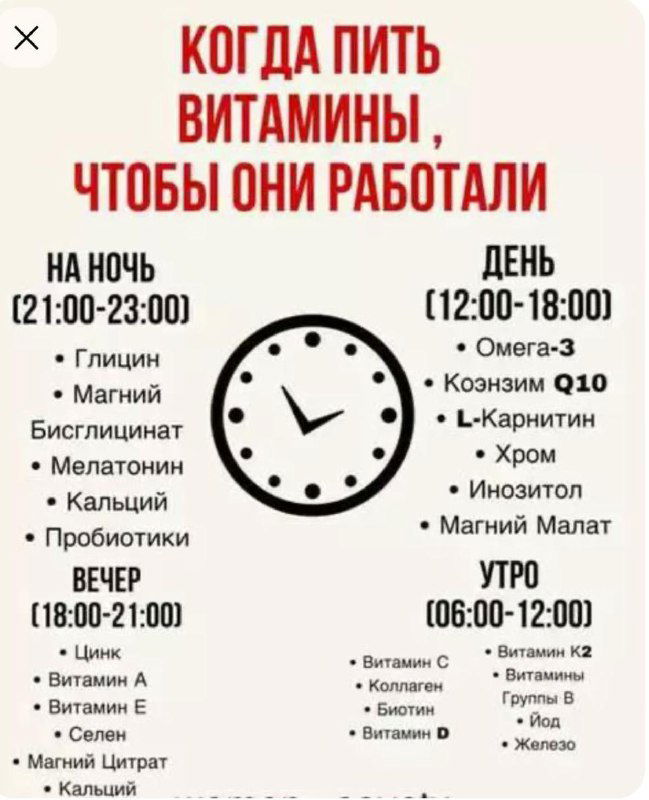 Плакат с заголовком «Когда пить витамины, чтобы они работали» и часовым графиком приёма: списки витаминов для утра, дня, вечера и ночи.