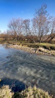 Крупный план шумной горной речки: ледяная мутная вода, камни у берега и голые ветви кустарника на фоне ясного неба.