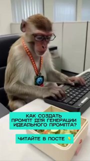 Обезьяна в очках за клавиатурой в офисной кабинке, с бейджиком; сверху бирюзовая плашка с текстом о создании идеального промпта для ChatGPT.