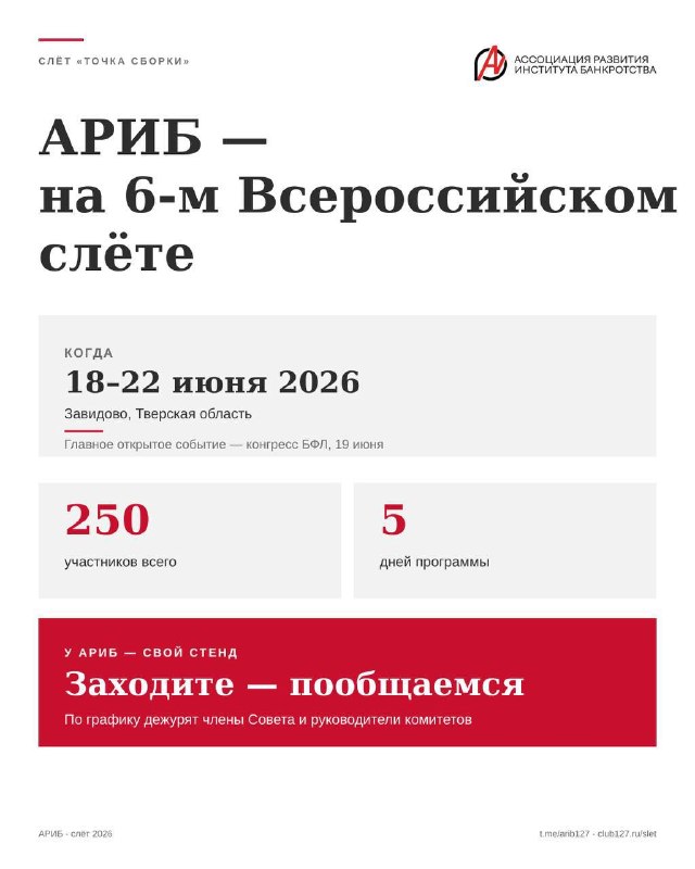 Информационный плакат-афиша мероприятия: заголовок «АРИБ — на 6‑м Всероссийском слёте», даты 18–22 июня, логотип ассоциации и блоки с деталями.