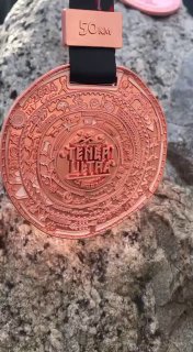 Крупный план круглой медали Tengri Ultra 2024 с детализированным рельефом: солнцеголовый человек, бегуны и природные мотивы, снято на фоне скалы