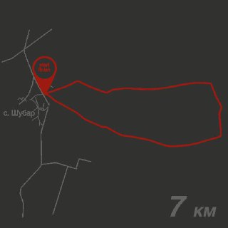 Контур маршрута 7 км: красная линия на тёмной карте, пункт старта рядом с поселком Шубар, подпись расстояния '7 км'.