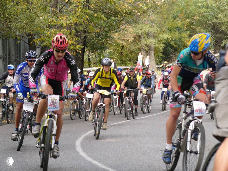 Широкая колонна гонщиков входит в поворот трассы: плотное расположение участников, борьба за позиции и динамика движения.