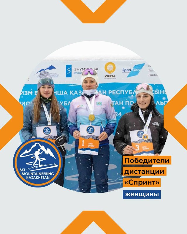 Трое призёров дистанции «Спринт» среди женщин на подиуме: медали, дипломы и зимняя спортивная форма на фоне соревновательного баннера.
