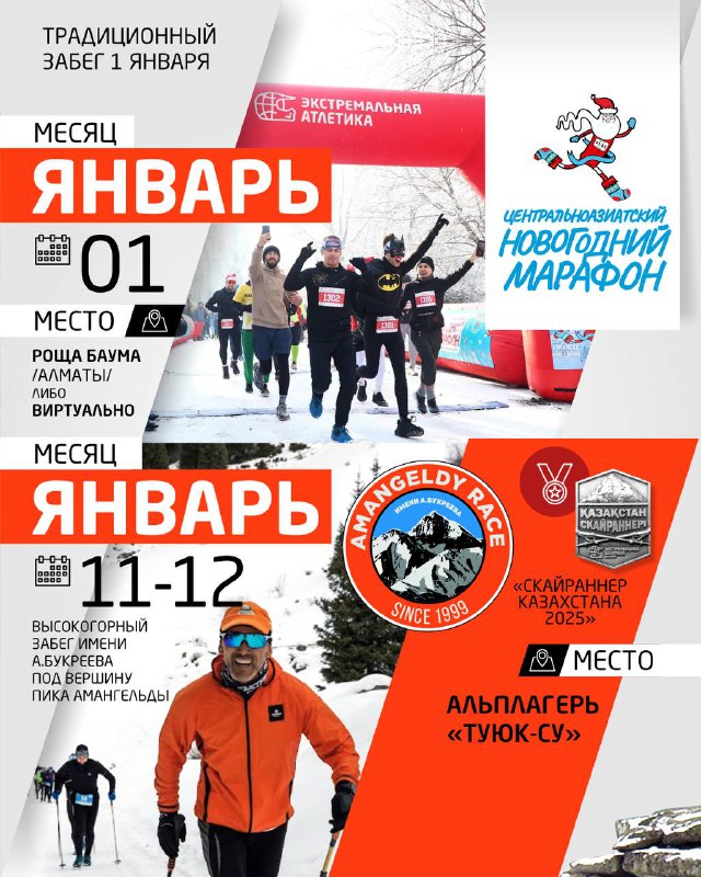 Қаңтар айының тағы бір бетіндегі дизайн: дәстүрлі жүгіріс пен лагерь туралы ақпарат, қатысушылардың көріністері және орын мен даталар.