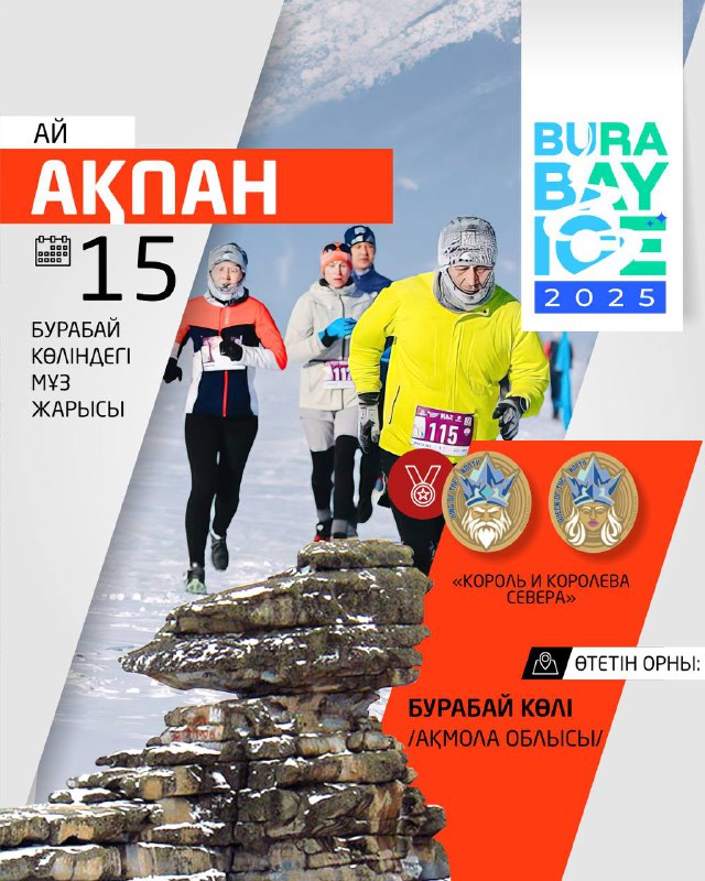 Ақпан айының беті: мұз күйлерінде өтетін жарыстар туралы графика, Бурабайдағы орын көрсетілген және қатысушылардың фотоэлементтері.