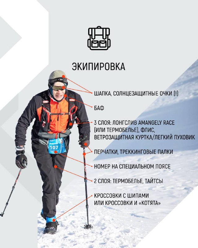 Слайд с перечнем экипировки: шапка, очки, баф, многослойная одежда, перчатки, треккинговые палки и рекомендации по обуви.