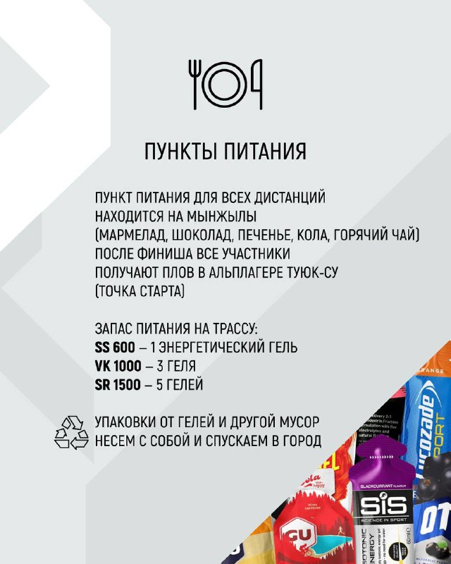 Слайд о пунктах питания: где находятся пункты, что выдают (мarmelад, шоколад, чай), рекомендации по запасу гелей и еды.