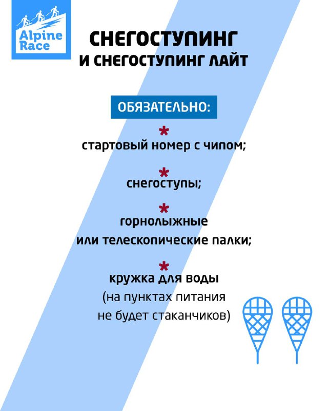 Инфографика Alpine Race: карточка «Снегоступинг» с перечнем обязательного снаряжения — стартовый номер с чипом, снегоступы, палки и кружка для воды.