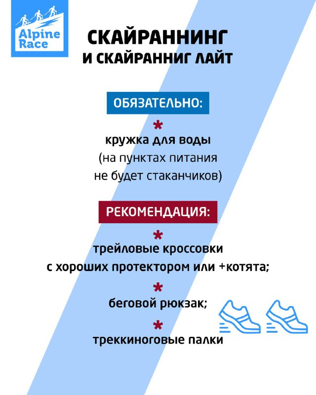 Инфографика Alpine Race: карточка «Скайраннинг» с обязательными пунктами (кружка для воды) и рекомендациями по обуви и рюкзаку.