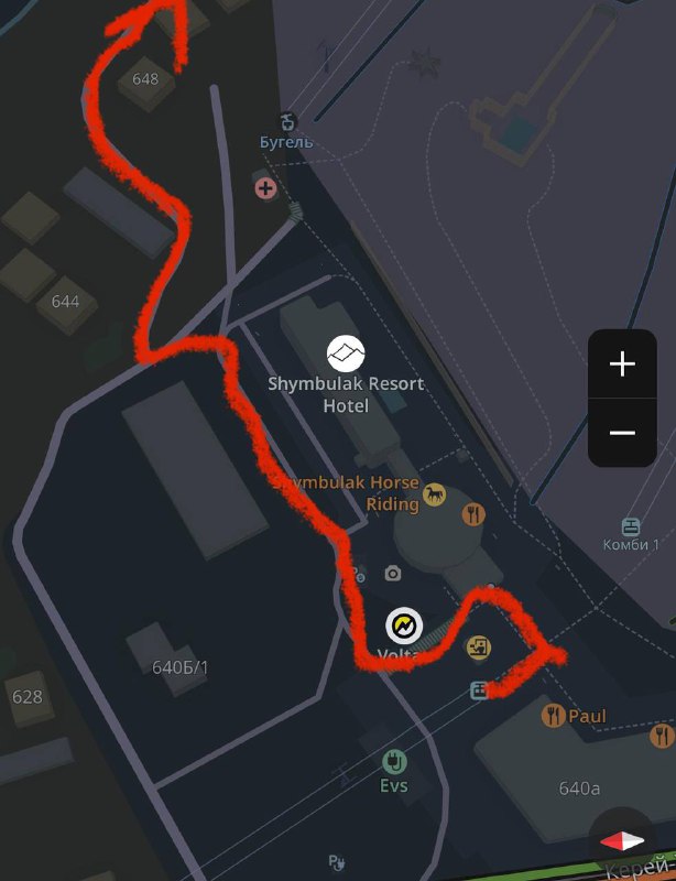Тёмная схема карты с красными стрелками и отмеченной точкой старта рядом с детским бугелем на территории Shymbulak Resort.