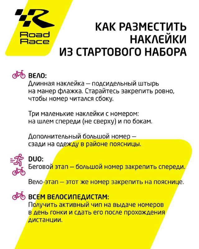 Инфографика «Как разместить наклейки из стартового набора»: схемы размещения номеров на велосипеде, одежде и поясе, советы по креплению и безопасности.