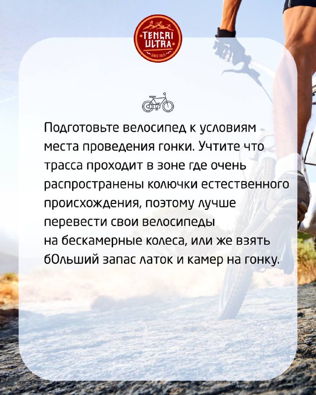 Колесо велосипеда на фоне поля и карточка с напоминанием об условиях трассы: колючки и запасные камеры для шин.