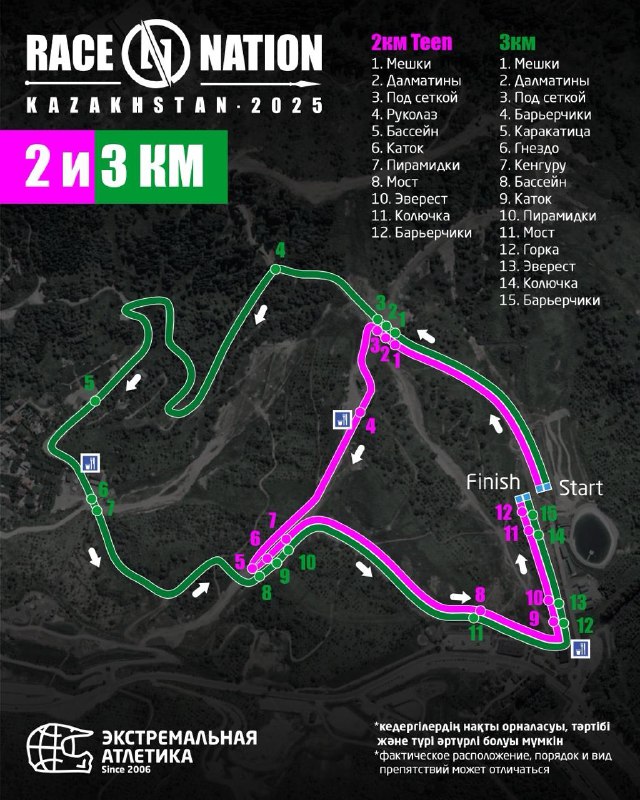Карта трасс Race Nation 2 и 3 км: спутниковый фон с зелёным и розовым выделением маршрутов, маркеры, нумерация и легенда препятствий.