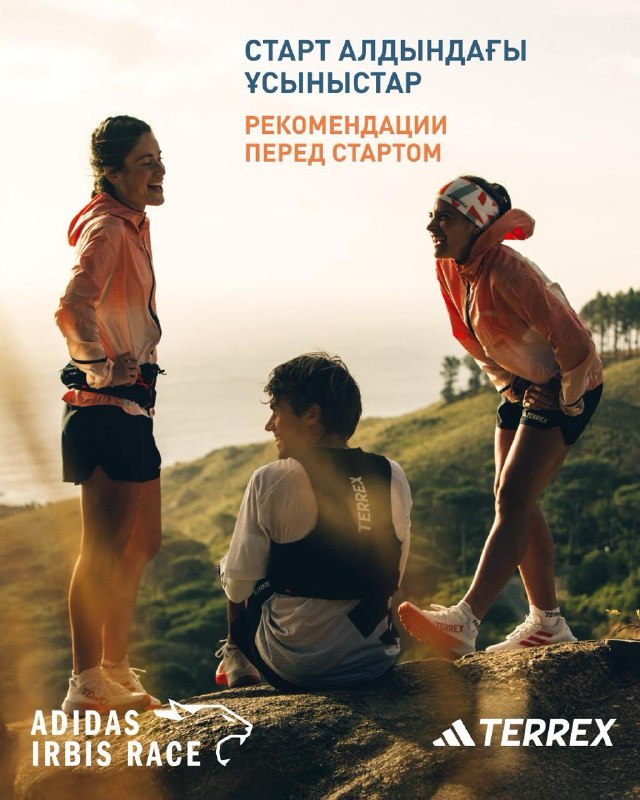 Три бегуна в спортивной экипировке на горном хребте при закате; рекламный постер с логотипами adidas Terrex и информацией о старте Irbis Race.
