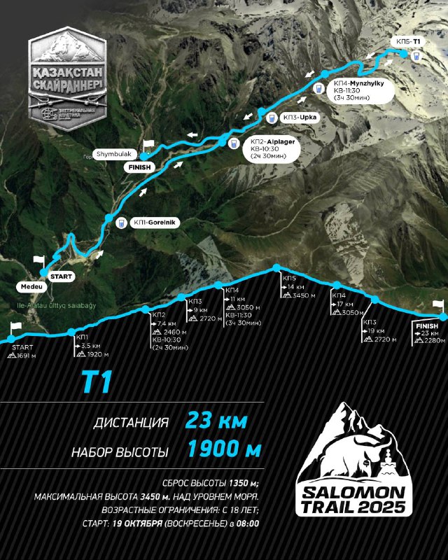 Карта трассы T1 Salomon Trail с маршрутной линией и профилем высот для Salomon Trail 2025; дистанция 23 км и набор высоты 1900 м указаны на изображении.