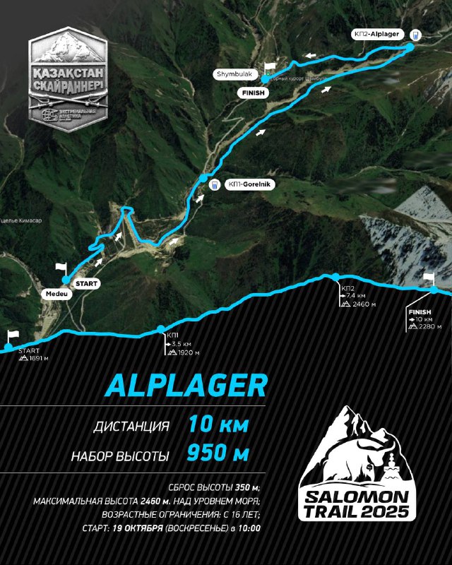Карта дистанции ALPLAGER Salomon Trail 2025: маршрут длиной 10 км с профильным графиком и указанием набора высоты 950 м на спутниковом фоне.