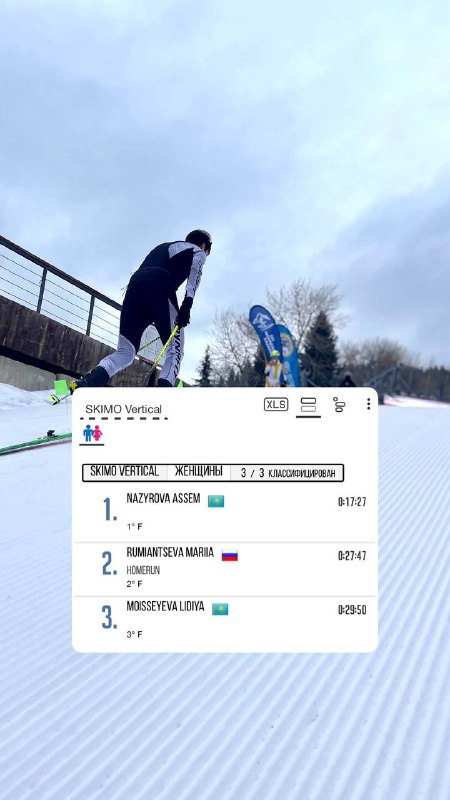 Участник соревнований по ски‑альпинизму поднимается по склону в полном экипаже; в кадре видно элементы протоколa и подготовленный склон.