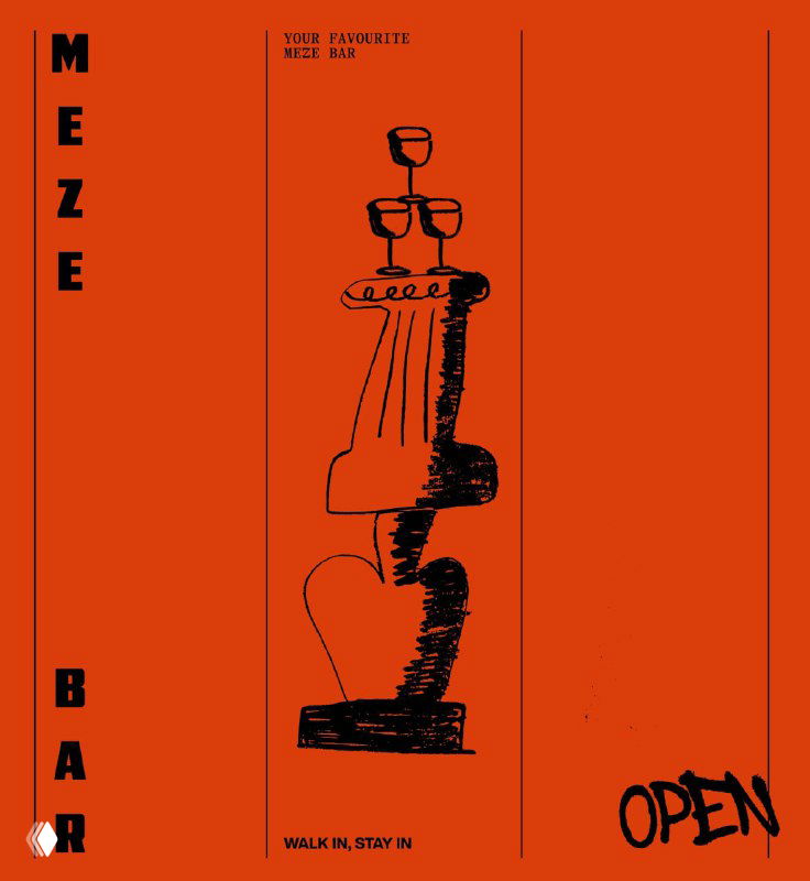 Оранжевый вертикальный постер с рисунком колонны и подписью MEZE BAR, демонстрирующий сочетание антик и современного уличного стиля в айдентике.