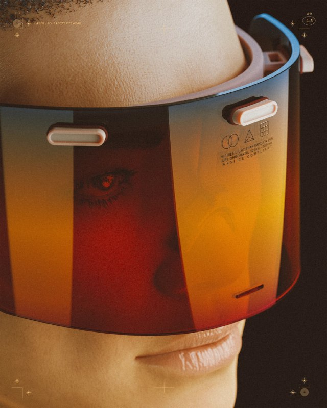 Портретный рендер с крупным защитным лицевым экраном оранжево-коричневого тона, видна часть лица за экраном и текстуры.