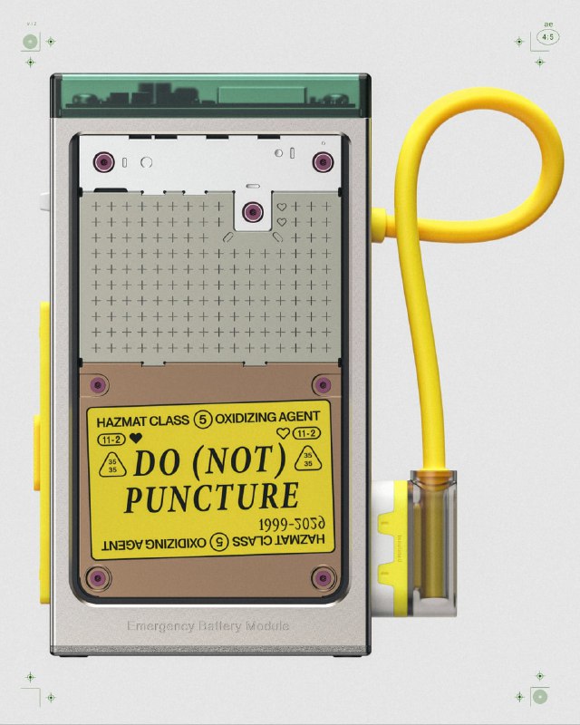 Рендер компактного электронного блока или аккумулятора с яркими желтыми кабелями и предупредительной маркировкой на корпусе.