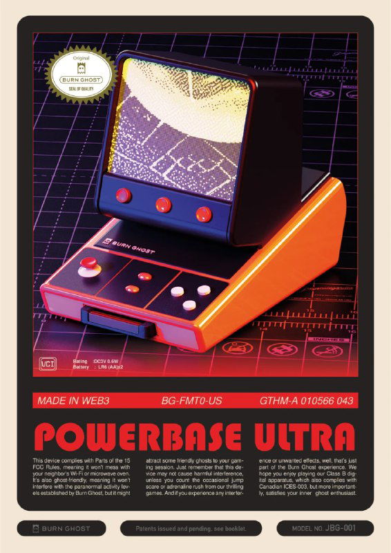 Ретро-стилизованный рендер настольного электронного устройства с экраном и яркими контрастными элементами интерфейса.